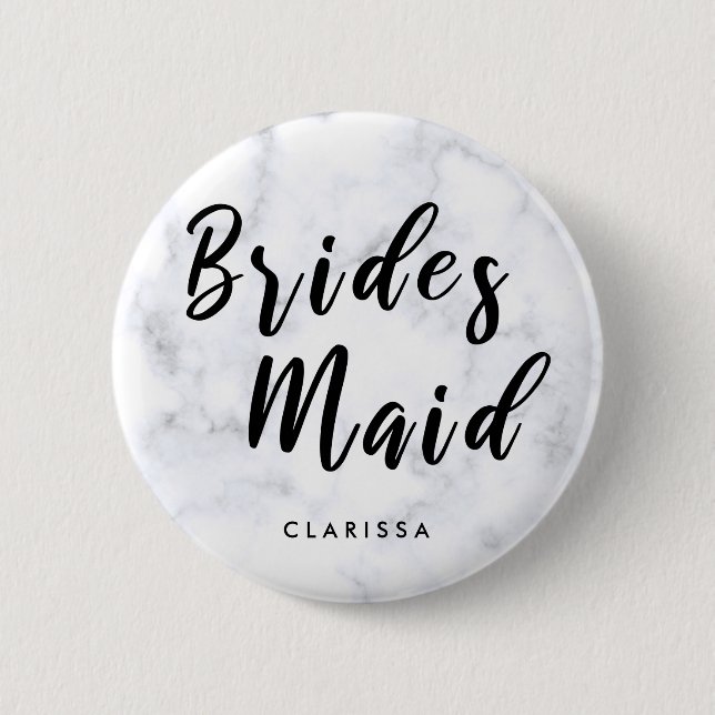 Elegant white marble & black bridesmaid button (Front)