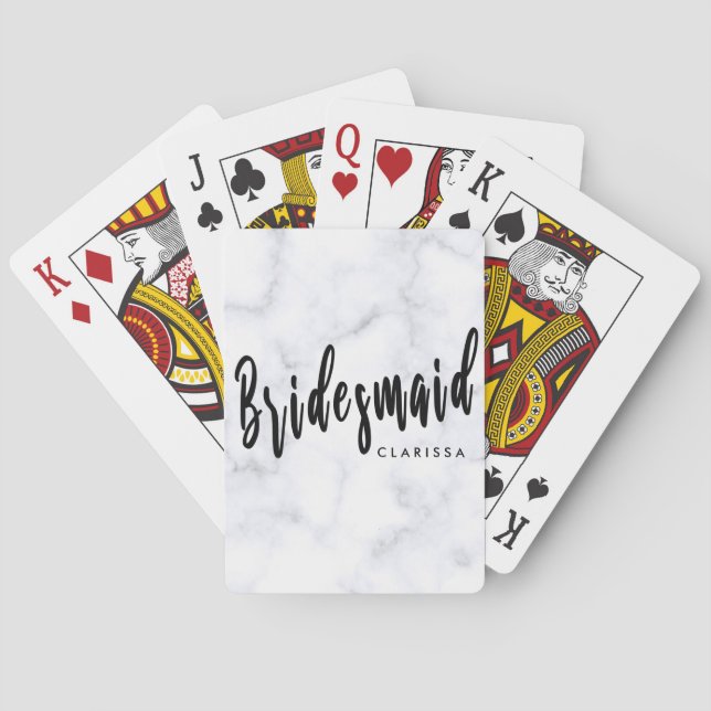 Elegant white marble & black bridesmaid poker cards (Back)