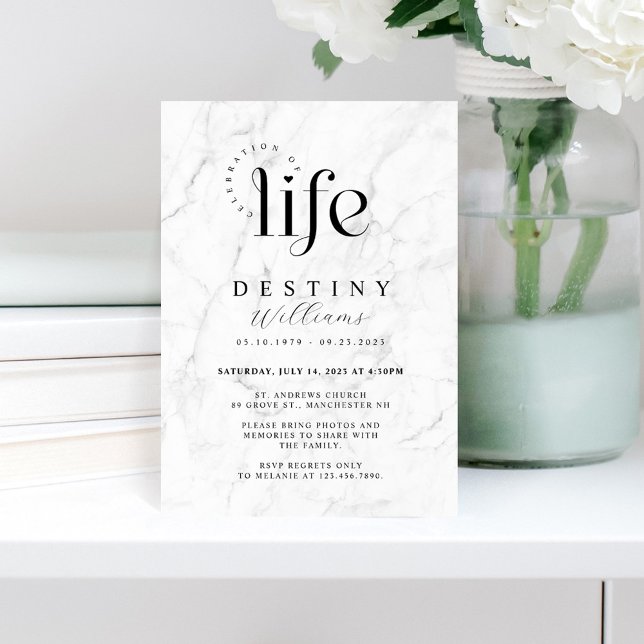 Elegant White Marble Celebration of Life Funeral Invitation (Creator Uploaded)