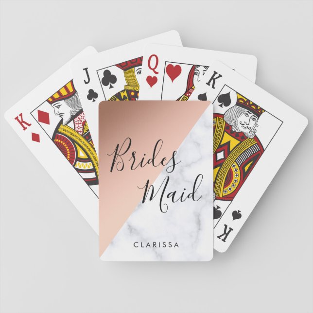 Elegant white marble & copper rose gold bridesmaid playing cards (Back)