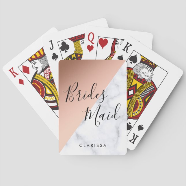 Elegant white marble & copper rose gold bridesmaid poker cards (Back)