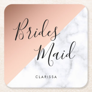 Elegant white marble & copper rose gold bridesmaid square paper coaster