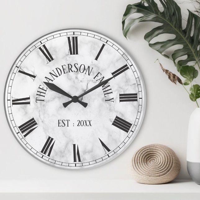 Elegant White Marble Custom Family Name Stylish Round Clock (Creator Uploaded)