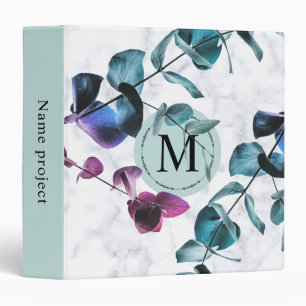 Elegant white marble eucalyptus foliage monogram 3 ring binder