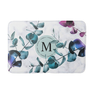 Elegant white marble eucalyptus foliage monogram bath mat