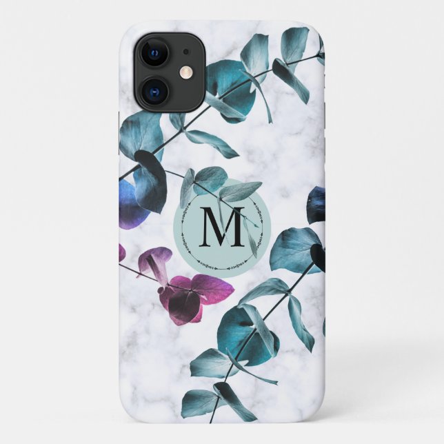 Elegant white marble eucalyptus foliage monogram Case-Mate iPhone case (Back)