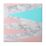 elegant white marble geometric triangles pink mint ceramic tile<br><div class="desc">Trendy and modern design featuring pink and mint color geometric triangles and faux white marble.</div>