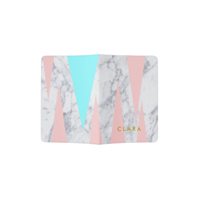elegant white marble geometric triangles pink mint passport holder (Opened)