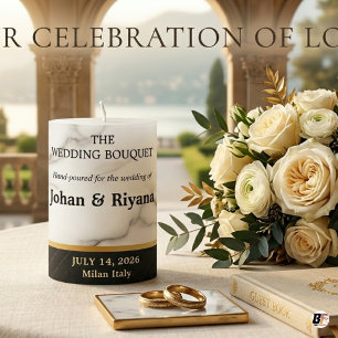 Elegant White Marble & Gold Destination Wedding Cu Pillar Candle