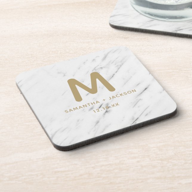 Elegant White Marble & Gold Foil Wedding Monogram Beverage Coaster (Left Side)
