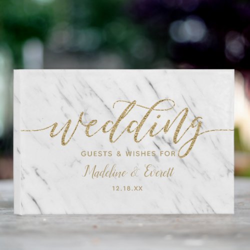 Elegant White Marble  Gold Foil Wedding Monogram Guest Book
