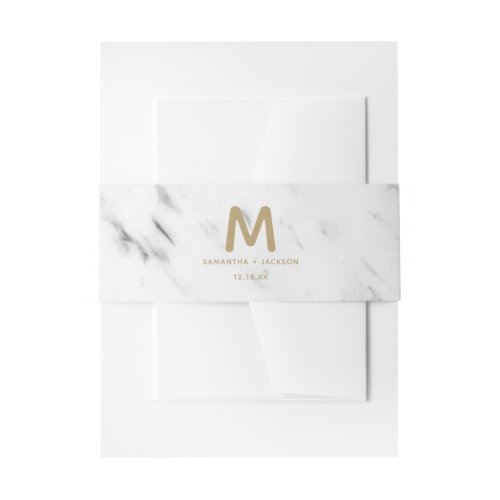 Elegant White Marble  Gold Foil Wedding Monogram Invitation Belly Band
