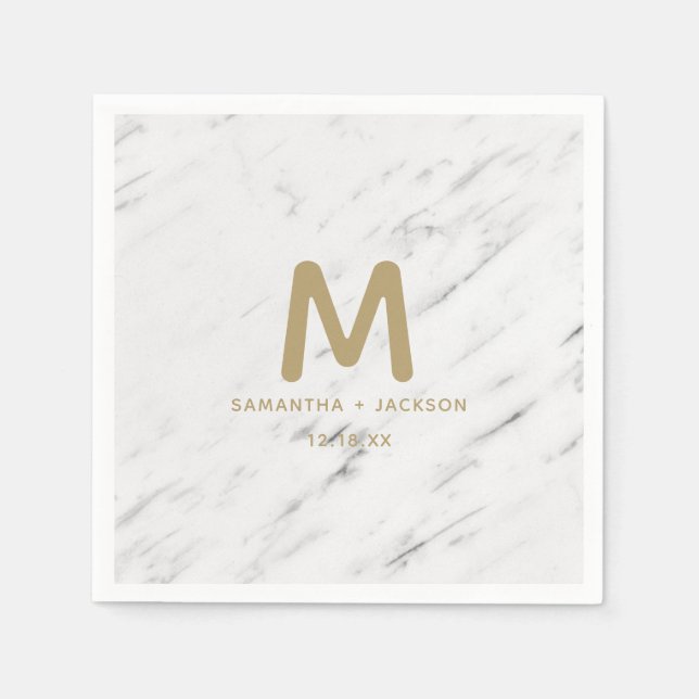 Elegant White Marble & Gold Foil Wedding Monogram Napkins (Front)