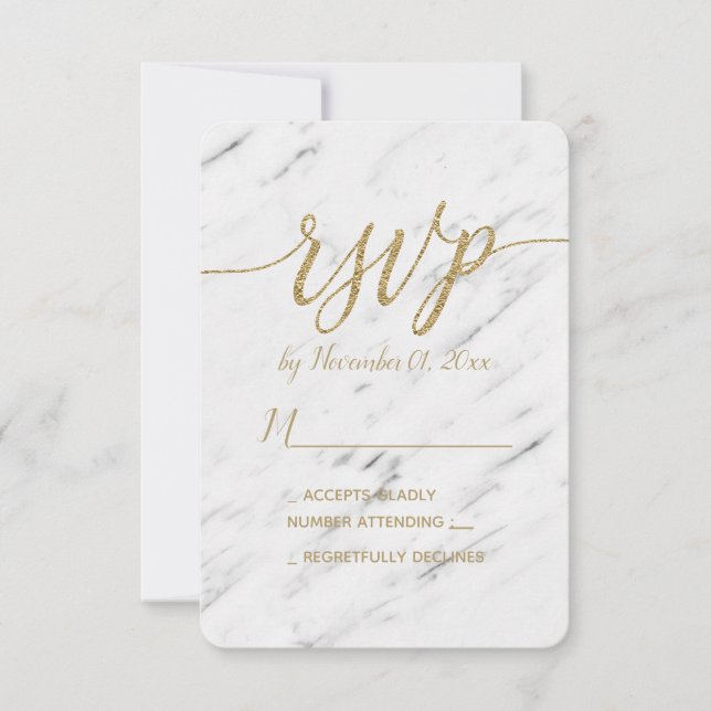 Elegant White Marble & Gold Foil Wedding RSVP Card (Front)
