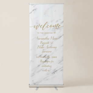 Elegant White Marble & Gold Foil Wedding Welcome Retractable Banner