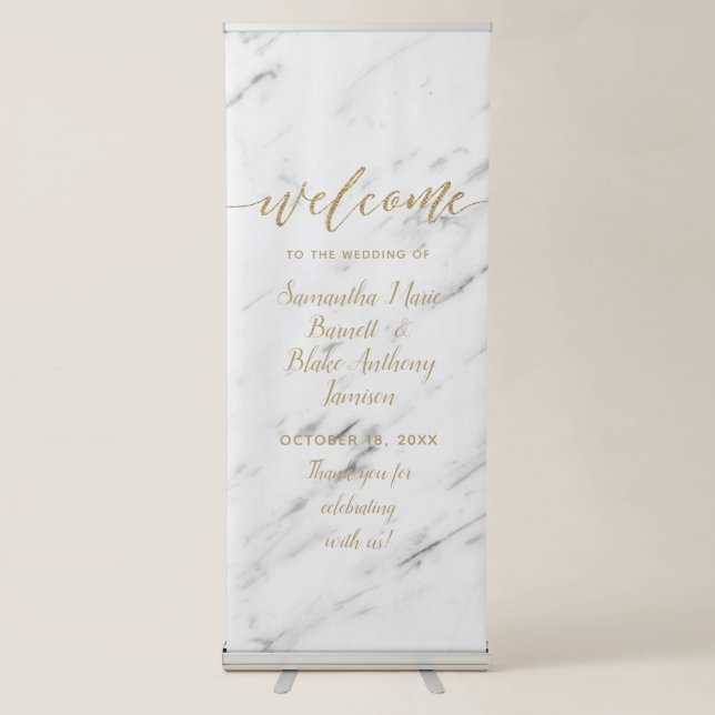 Elegant White Marble & Gold Foil Wedding Welcome Retractable Banner (Front)