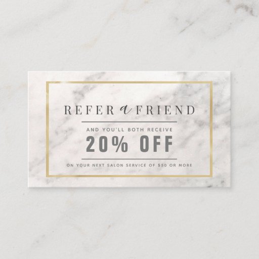 Customizable Elegant White Marble Gold Frame Salon Referral Business Card