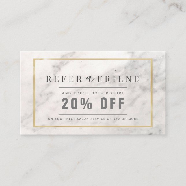 Elegant White Marble Gold Frame Salon Referral Business Card (Front)