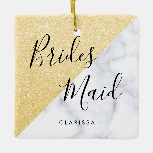 Elegant white marble & gold glitter bridesmaid ceramic ornament (Front)
