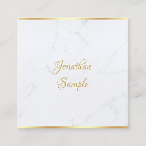 Elegant White Marble Gold Modern Script Template Square Business Card