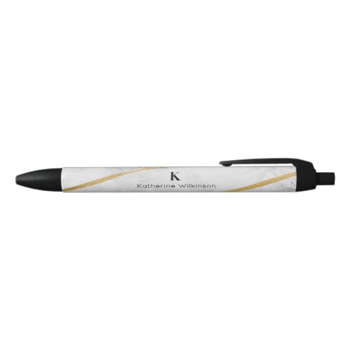 Elegant White Marble Gold Monogram Black Ink Pen