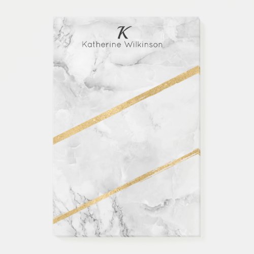 Elegant White Marble Gold Monogram Post_it Notes