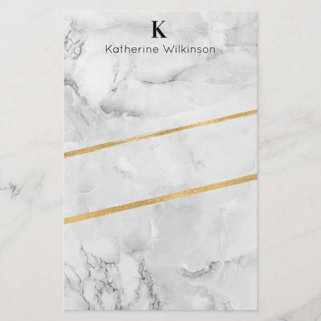 Elegant White Marble Gold Monogram Stationery (Front)