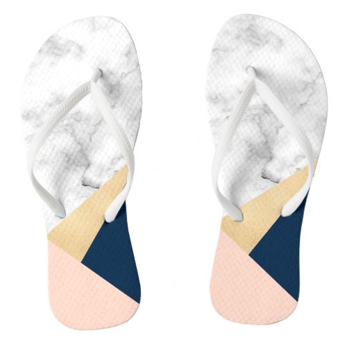 elegant white marble gold peach blue color block flip flops