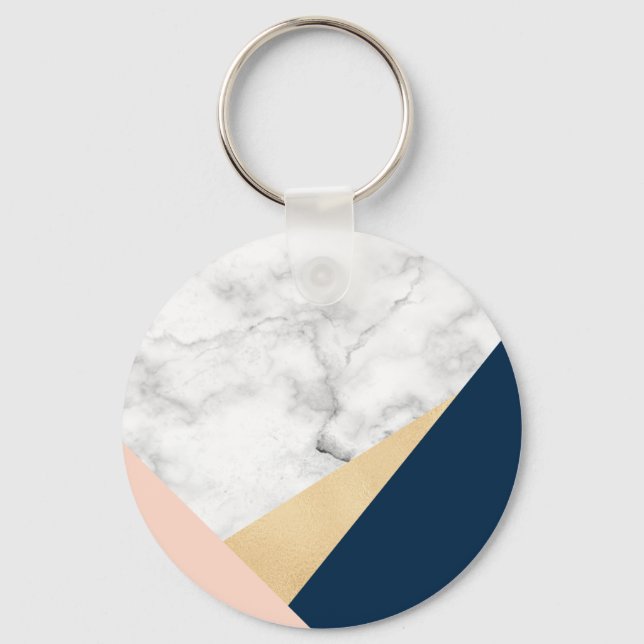 elegant white marble gold peach blue color block keychain (Front)