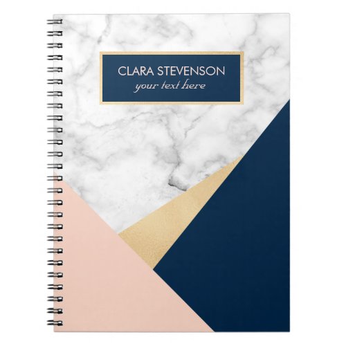 elegant white marble gold peach blue color block notebook