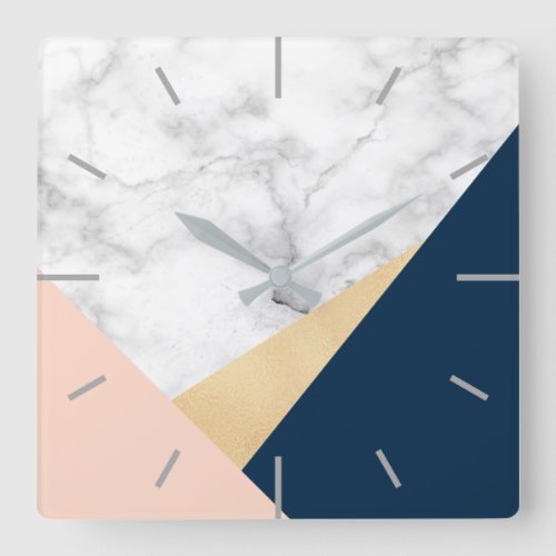 elegant white marble gold peach blue color block square wall clock