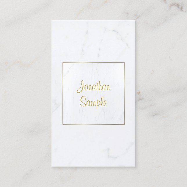Elegant White Marble Gold Script Plain Luxurious Business Card (Front)