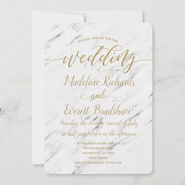 Elegant White Marble & Gold Wedding Invitation (Front)
