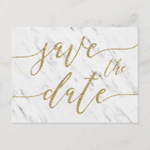 Elegant White Marble & Gold Wedding Save the Date Announcement Postcard