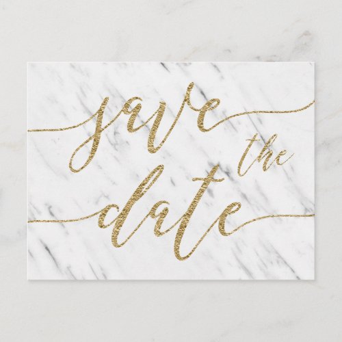 Elegant White Marble  Gold Wedding Save the Date Announcement Postcard