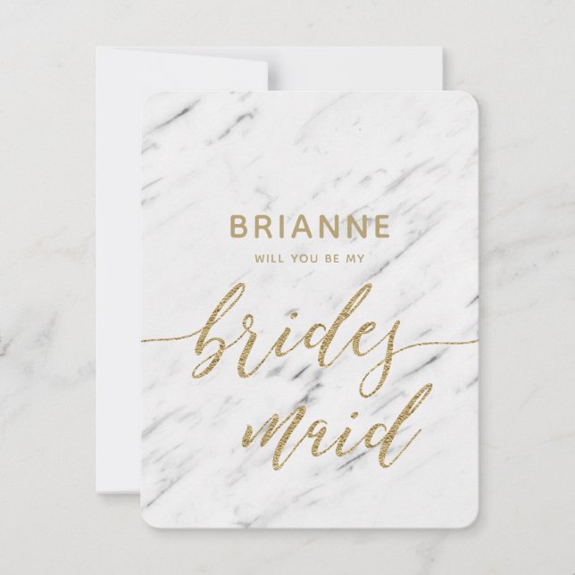 Elegant White Marble & Gold Will You Be Bridesmaid Invitation (Front)