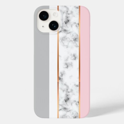 Elegant White Marble Gray Pink Gold Stripes Case_Mate iPhone 14 Case