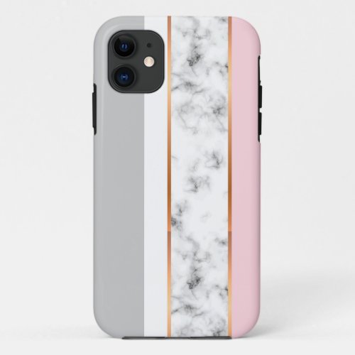 Elegant White Marble Gray Pink Gold Stripes iPhone 11 Case