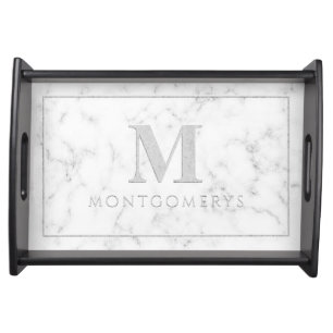 Elegant White Marble Gray Script Monogram Name Serving Tray