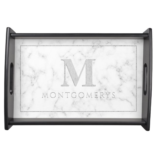 Elegant White Marble Gray Script Monogram Name Serving Tray (Front)