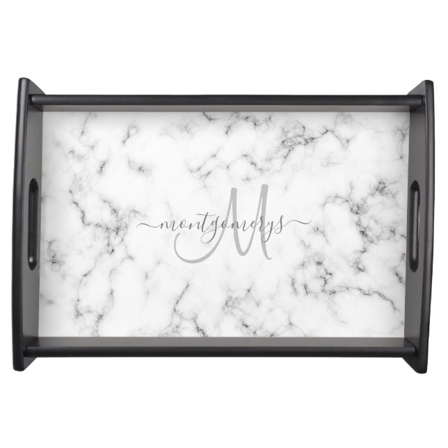 Elegant White Marble Gray Script Monogram Name Serving Tray (Front)