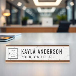 Elegant White Marble Logo Employee Desk Name Plate
