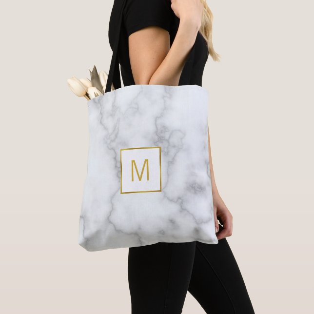 Elegant White Marble Look Faux Gold Monogram Tote Bag (Close Up)
