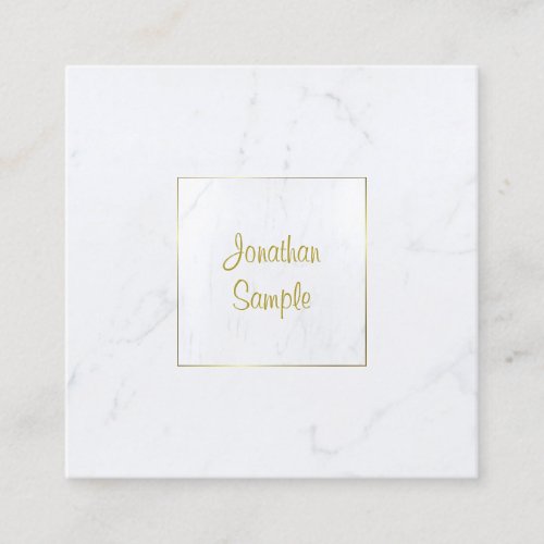 Elegant White Marble Luxurious Plain Gold Script Square Business Card