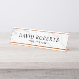 Elegant White Marble Minimalist Desk Name Plate