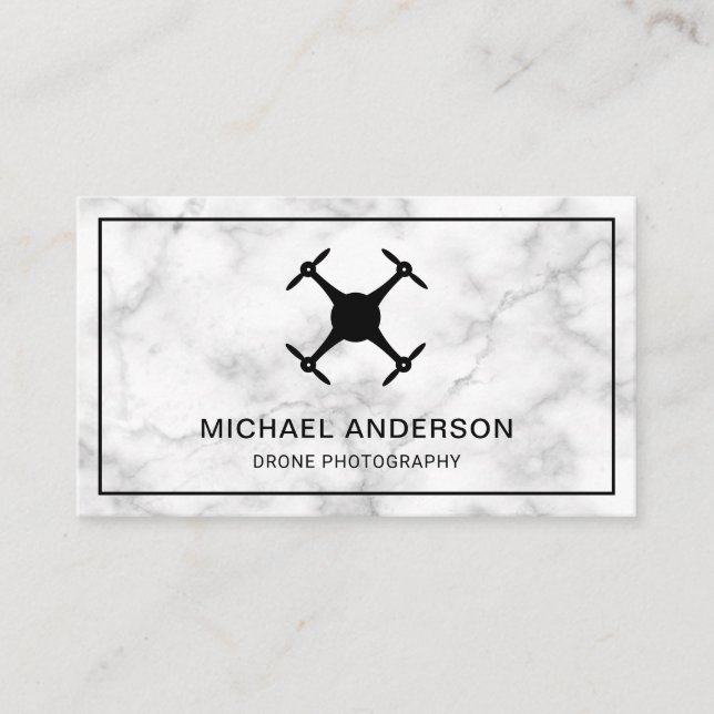 Elegant White Marble Modern Drone Photography Business Card (Front)