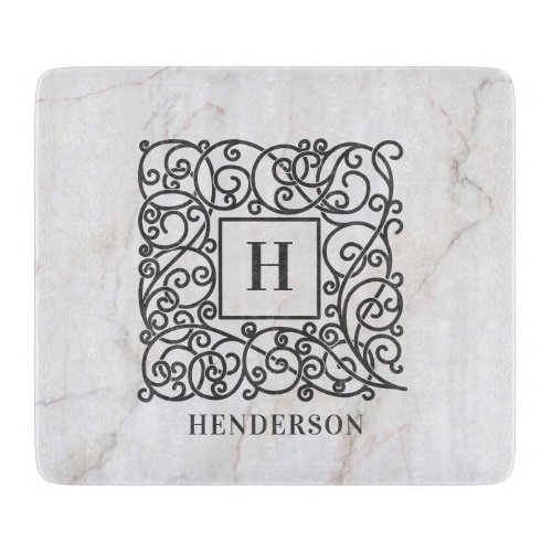 Elegant White Marble Monogram Family Name Cutting Board