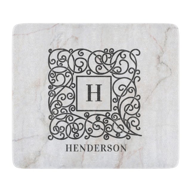 Elegant White Marble Monogram Family Name Cutting Board (Front)