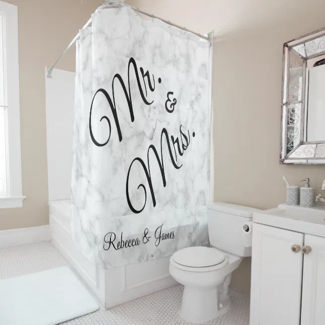 Elegant White Marble Mr.and Mrs. Name Wedding Shower Curtain Zazzle