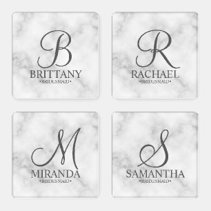 Elegant White Marble Personalized Bridesmaid Coaster Set